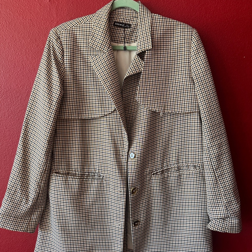 SHEIN X Checkered Blazer in Black and Brown